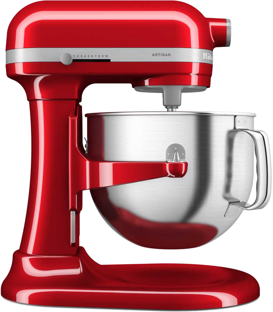 Piros KitchenAid Artisan robotgép ezüst tálal. Egy tárcsa van a bal felső oldalon.