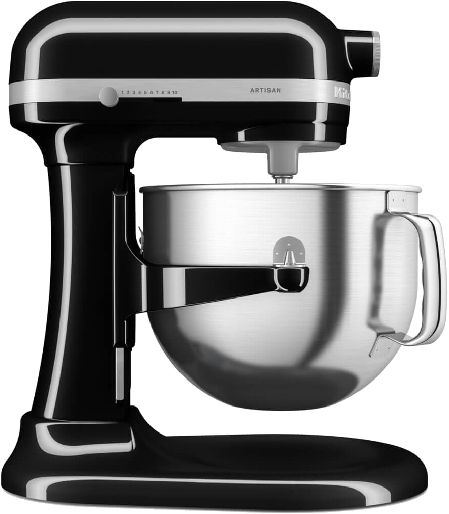 Fekete KitchenAid Artisan robotgép rozsdamentes acél tálban. A keverő fényes.