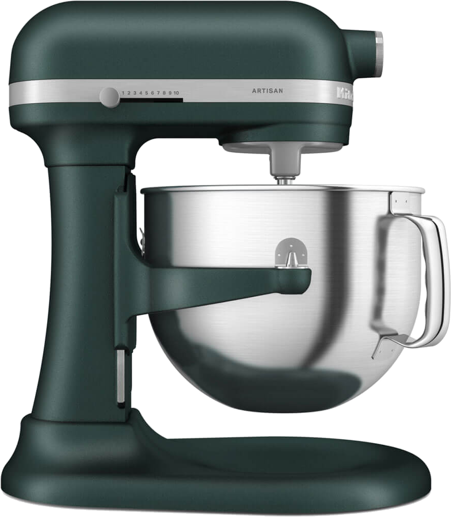 Sötétzöld KitchenAid robotgép rozsdamentes acél tálal.