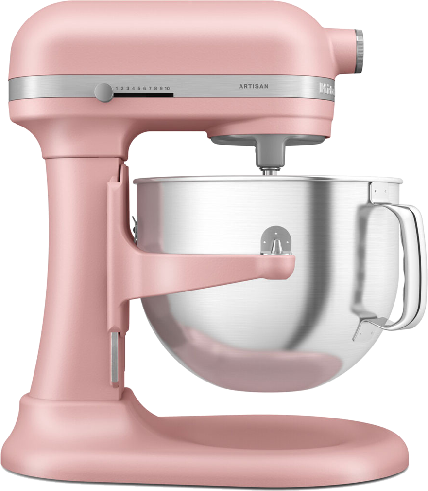Rózsaszín KitchenAid Artisan állványos mixer, ezüst tál.