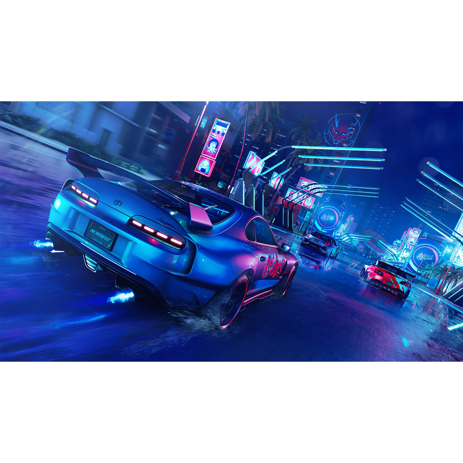 Auto da corsa su una strada illuminata al neon di notte. Auto blu e rosse, colori vivaci.