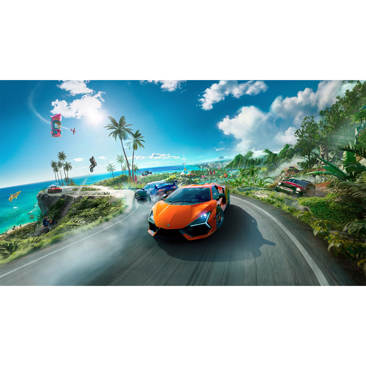 Scena di gioco di corse. Auto arancione su una strada con palme e cielo blu.