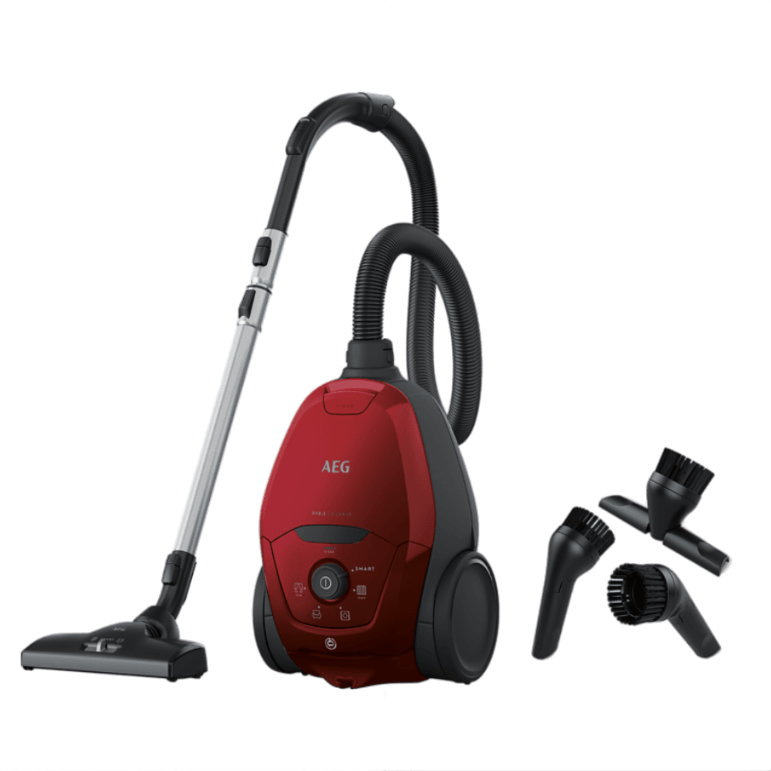 Een rode AEG stofzuiger met hulpstukken. Zwarte slang en accessoires.