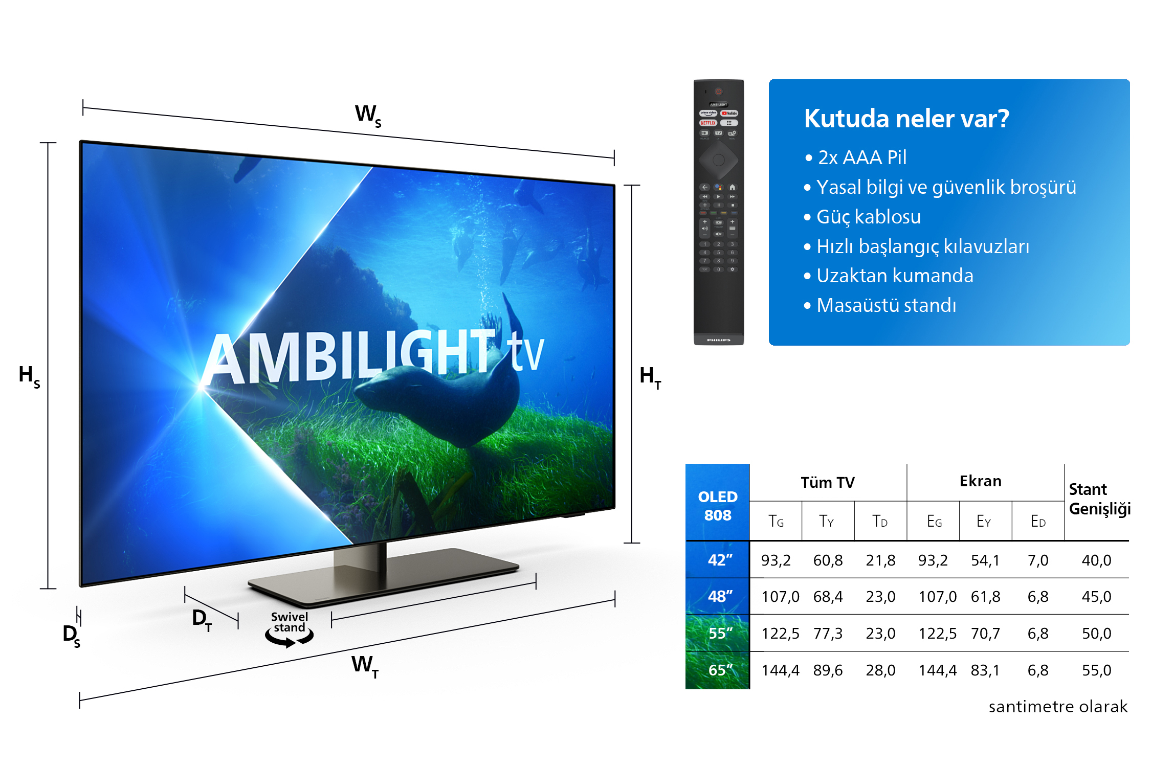 Ölçüleri etiketlenmiş bir TV. Uzaktan kumanda ve aksesuarlar gösterilir. Türkçe metin.