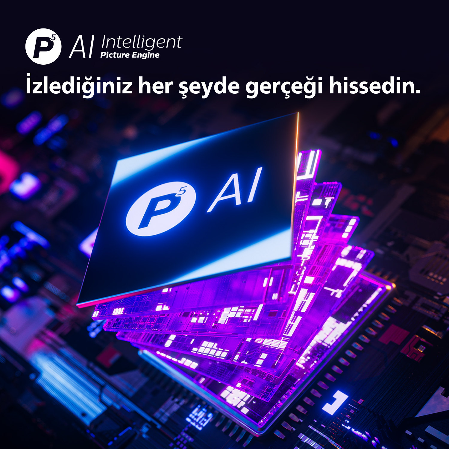 AI Intelligent Picture Engine logosu. Parlayan bir çekirdeğe sahip fütüristik bir tasarım.