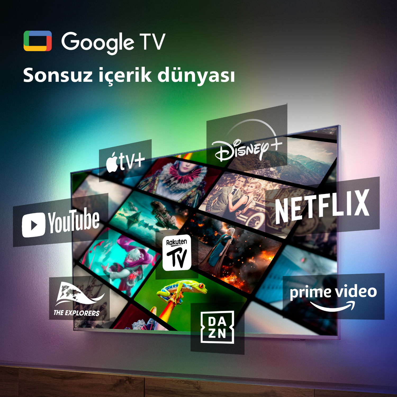 YouTube, Netflix ve Prime Video gibi uygulama logolarını görüntüleyen bir TV ekranı. Renkli arka plan.
