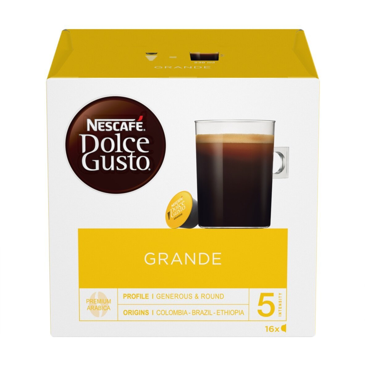 Pudełko kapsułek do kawy Nescafe Dolce Gusto Grande, pokazujące filiżankę kawy i szczegóły produktu.