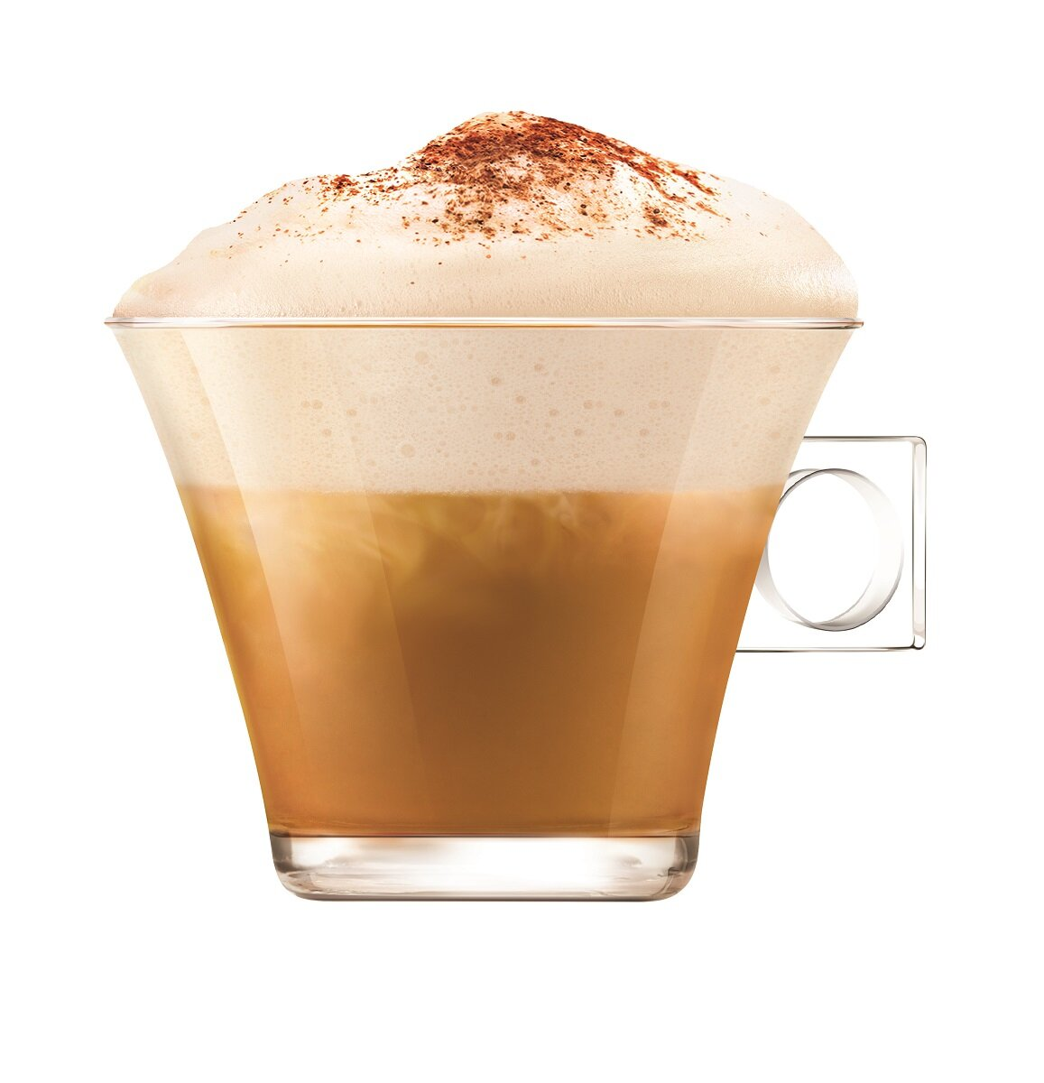 Szklanka kawy. Jasnobrązowa kawa z gęstą białą pianką, posypana brązowym proszkiem.