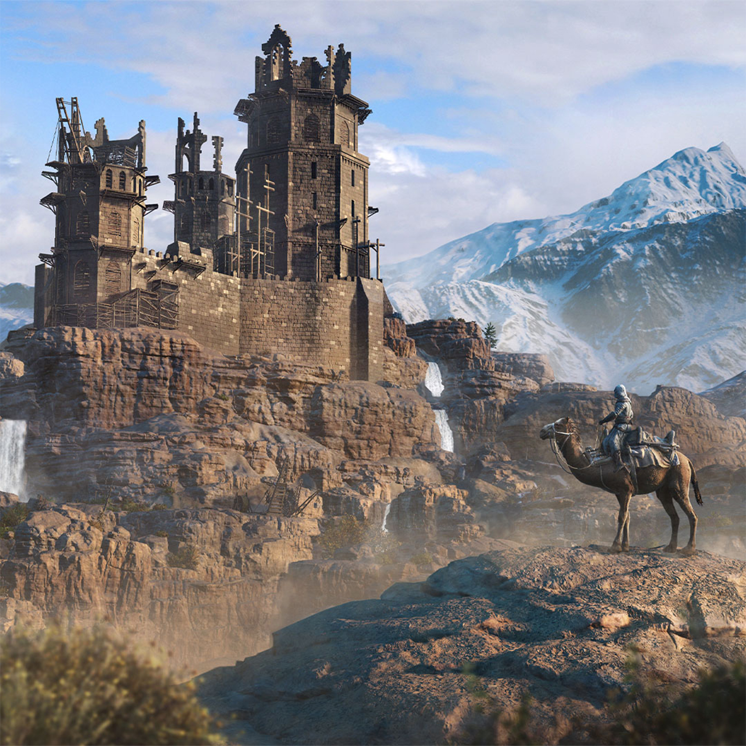 Scena fantasy: Castello su scogliera rocciosa, cammello, montagne, cielo blu.