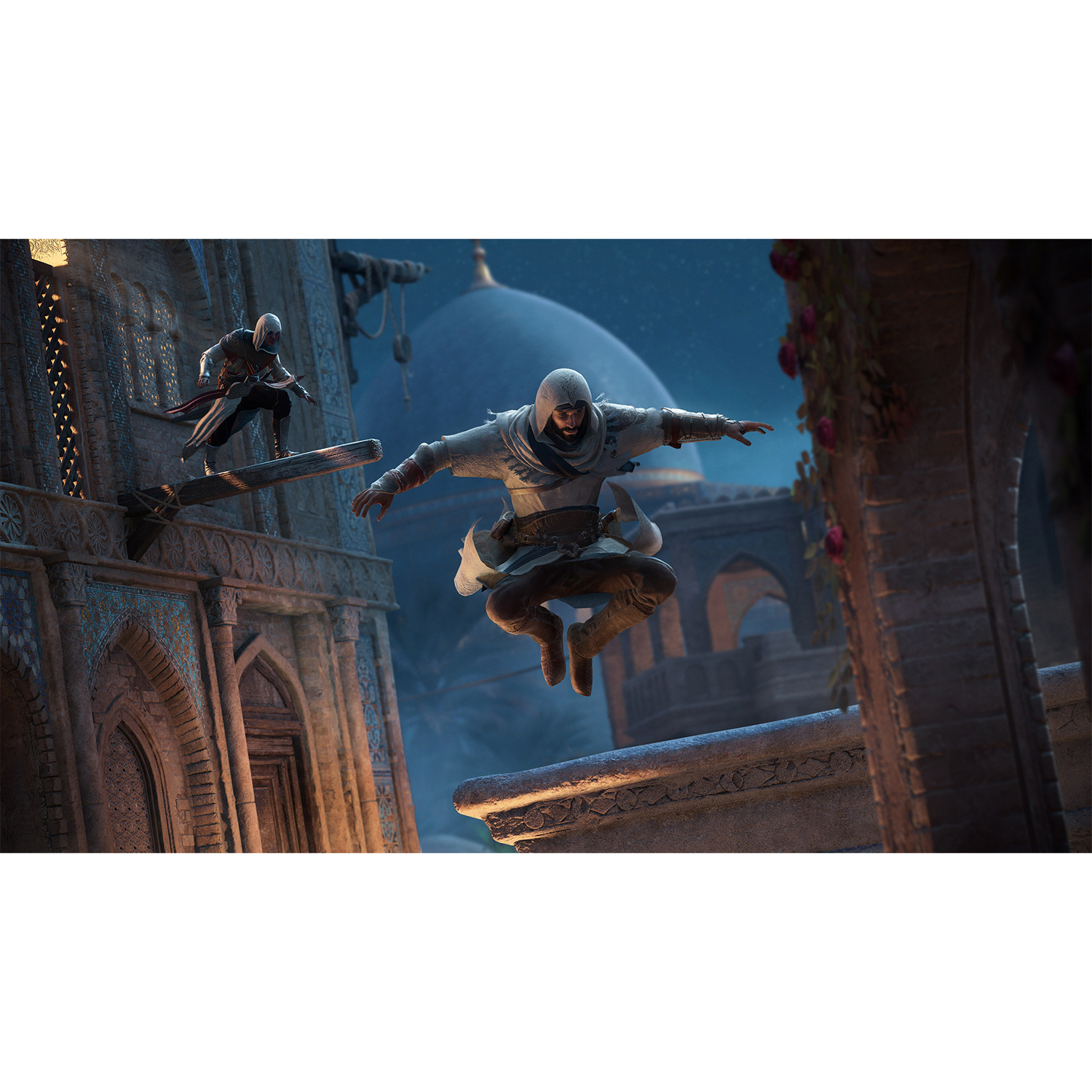Una scena del gioco Assassin's Creed con due personaggi che saltano tra gli edifici.