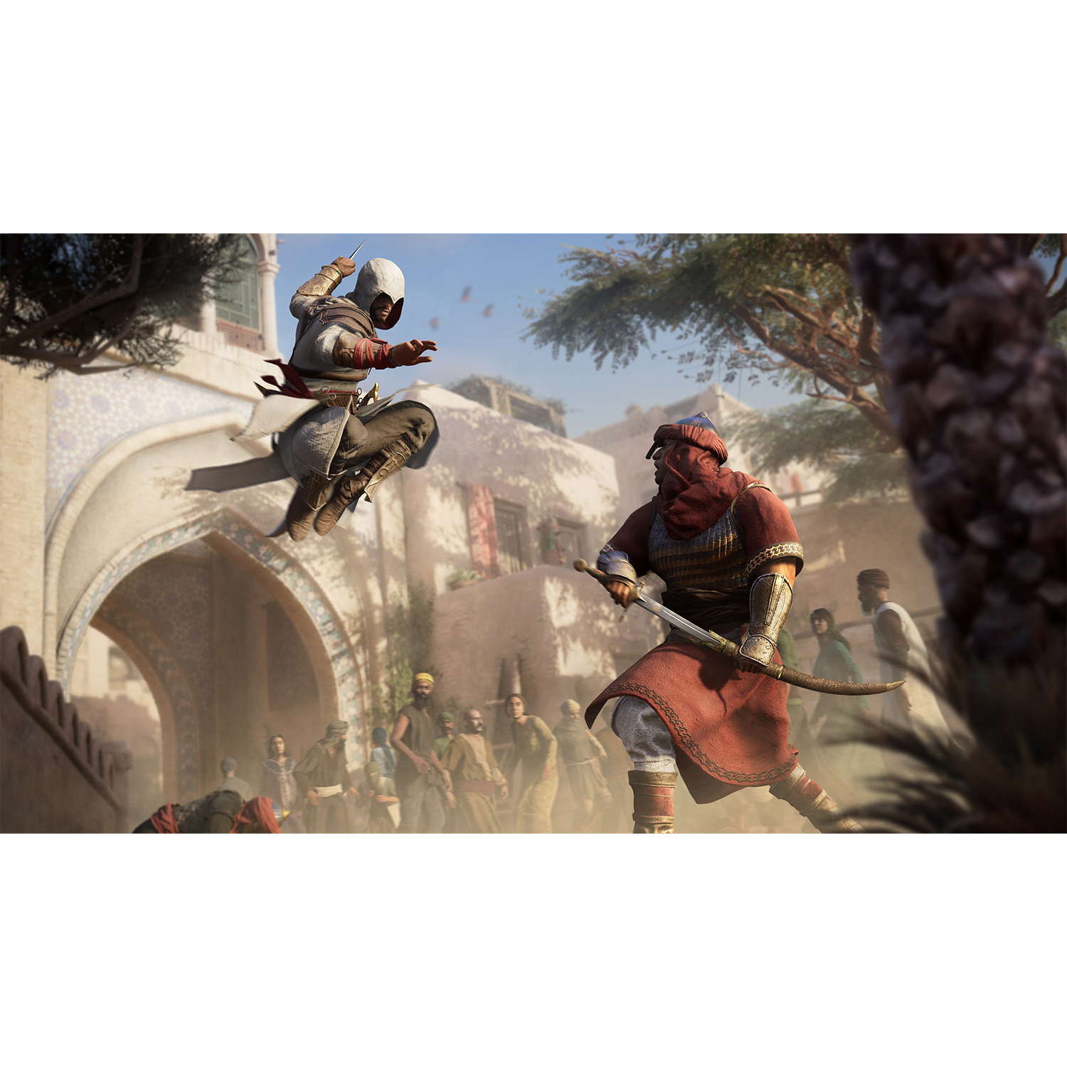 Scena del gioco Assassin's Creed. Un assassino salta su una figura in veste in un'ambientazione mediorientale.