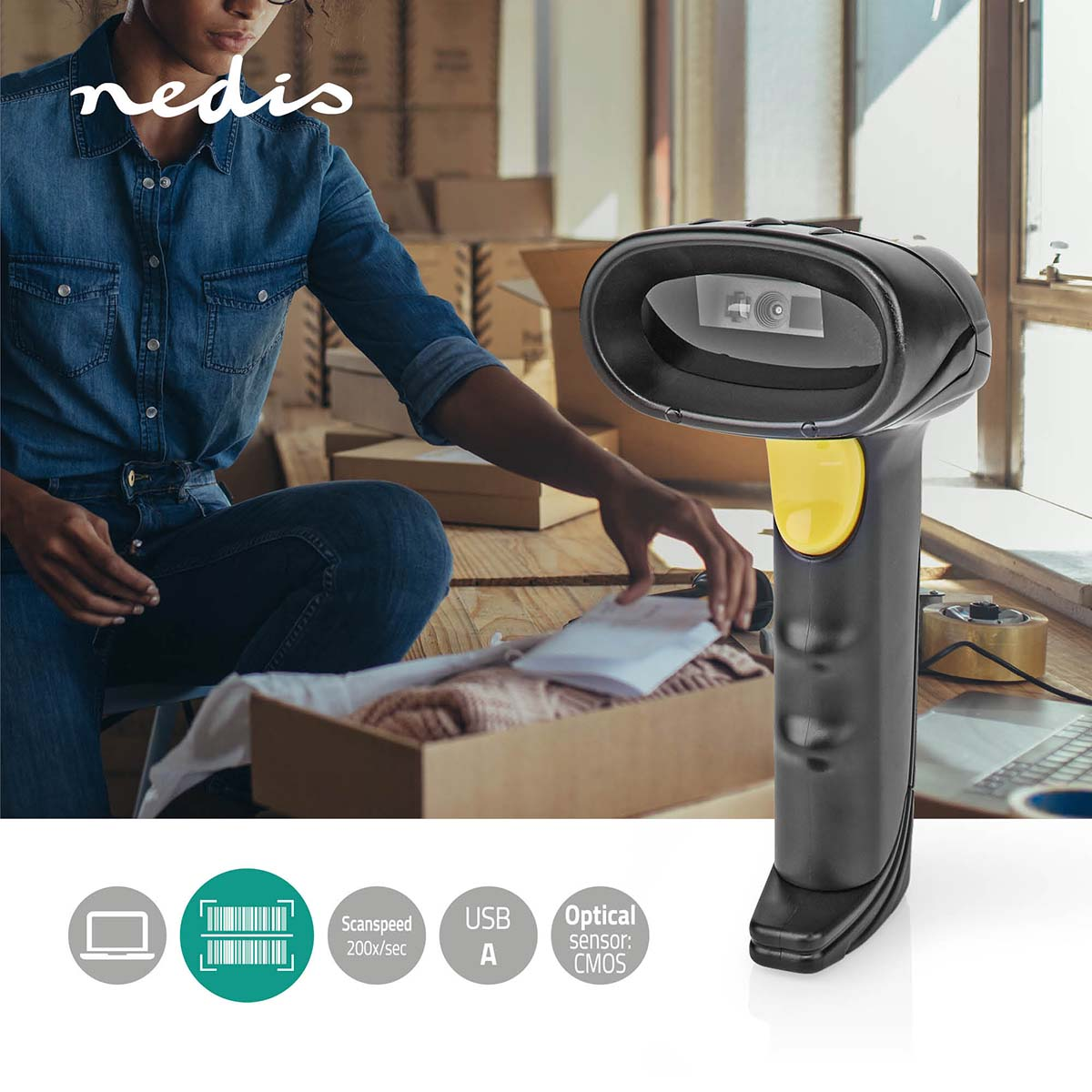 NEDIS Vonalkódolvasó, CMOS érzékelő, 1D lineáris, 2D QR olvasás, USB, fekete (BSCN2D100BK)