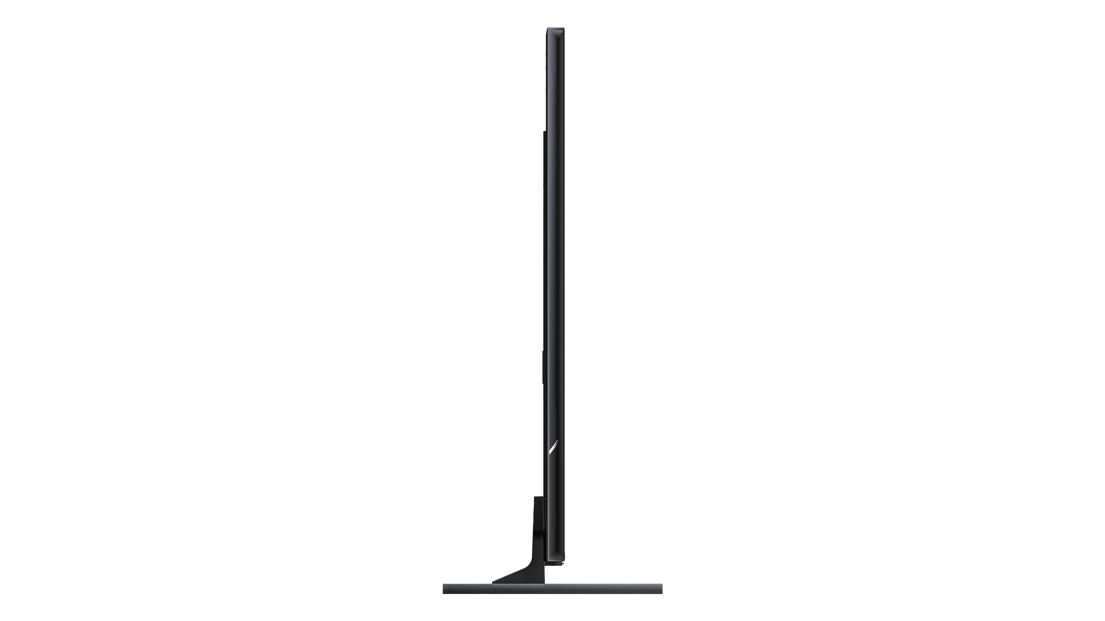 Seitenansicht eines schwarzen Fernsehers vor weißem Hintergrund, minimalistisches Design.