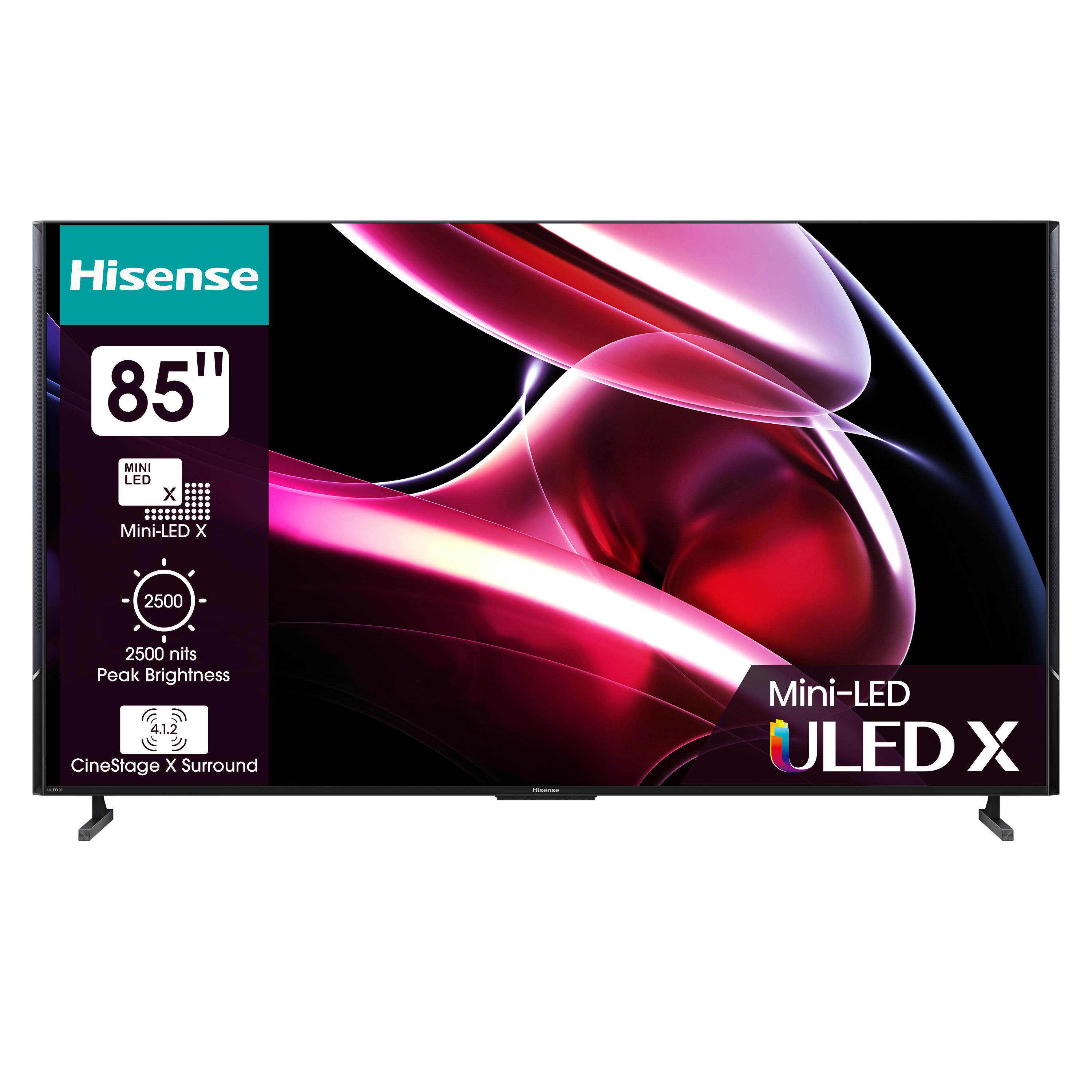 Ein 85-Zoll Hisense Mini-LED ULED X TV, mit Spezifikationen und Branding.
