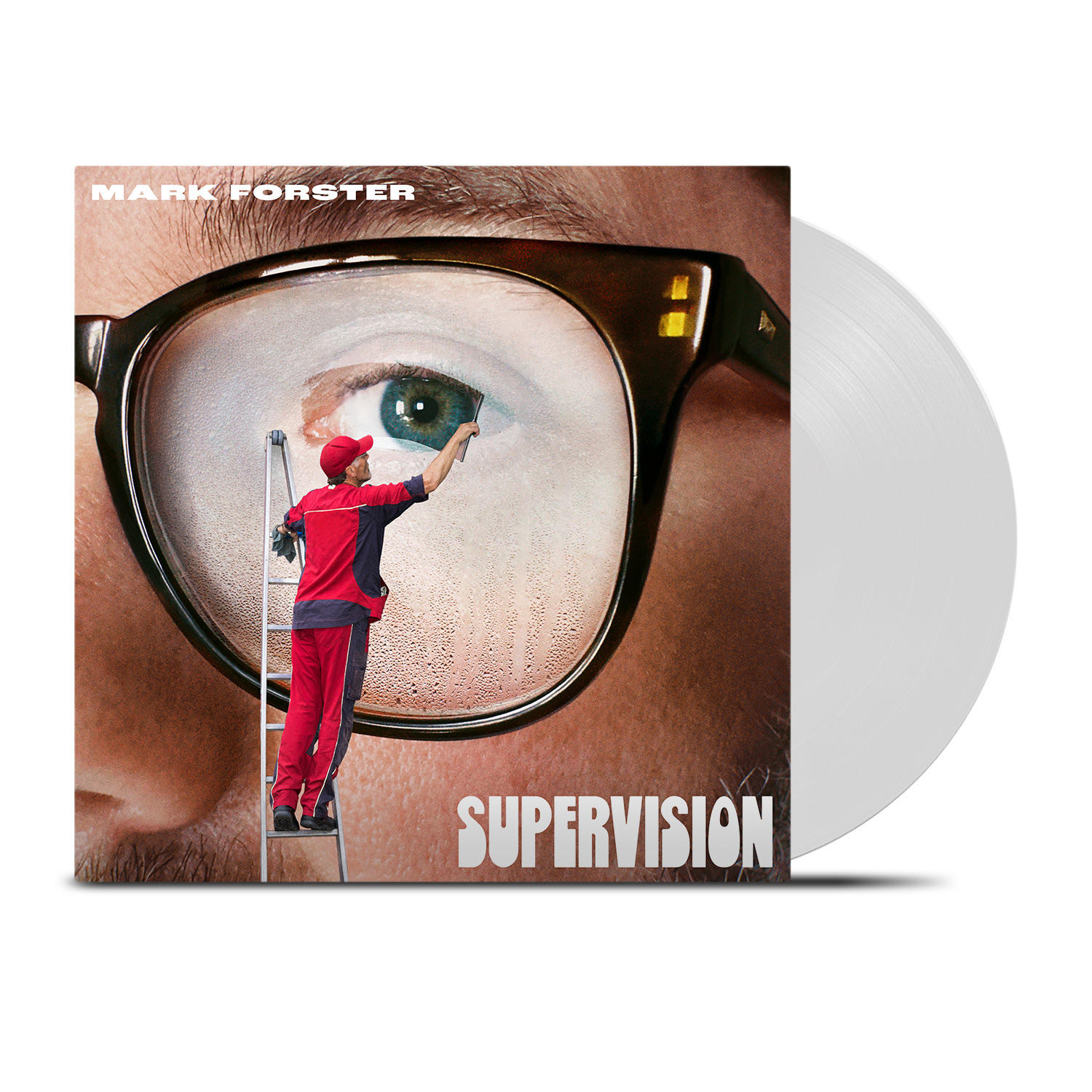 Albumcover. Ein Mann mit Brille, ein Maler auf einer Leiter und eine Schallplatte.