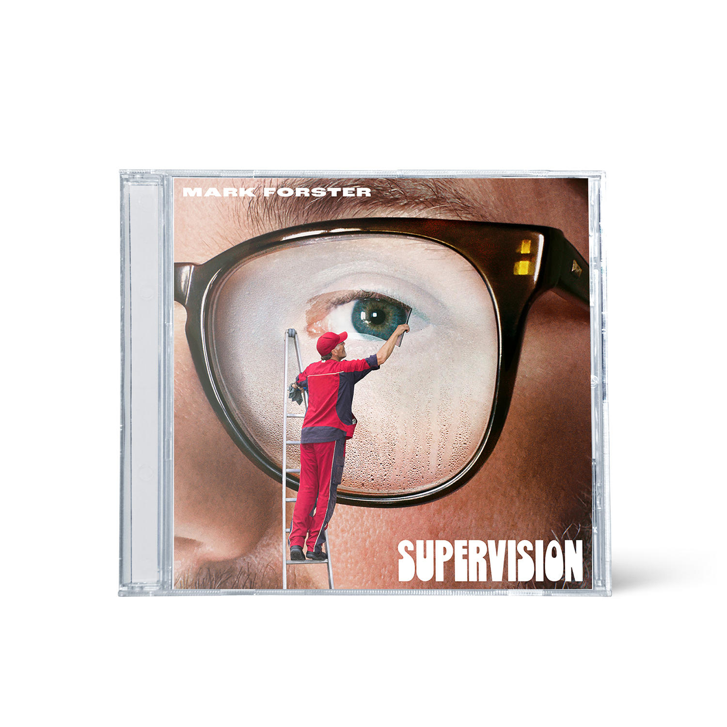 CD-Cover, Nahaufnahme eines Auges und einer Brille. Eine Person auf einer Leiter putzt die Brille. Das Wort SUPERVISION.