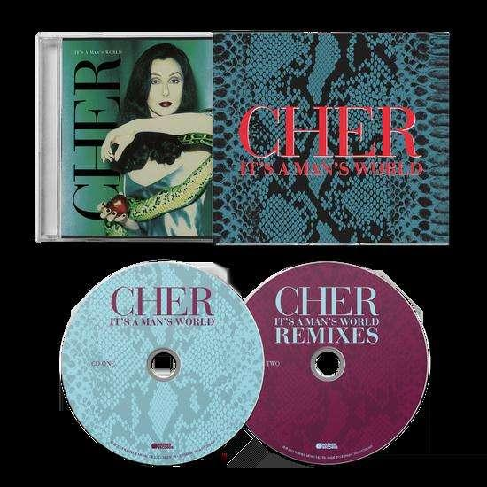 Cher mit Schlange und Apfel; zwei CDs: "It's A Man's World" & "Remixes".