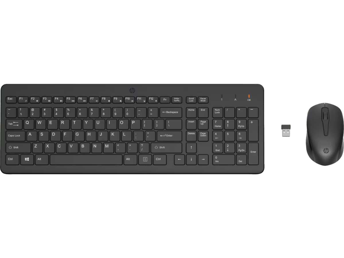 HP klavye ve fare seti, siyah renk, klavye tuşları, fare ve bir USB alıcısı ile.