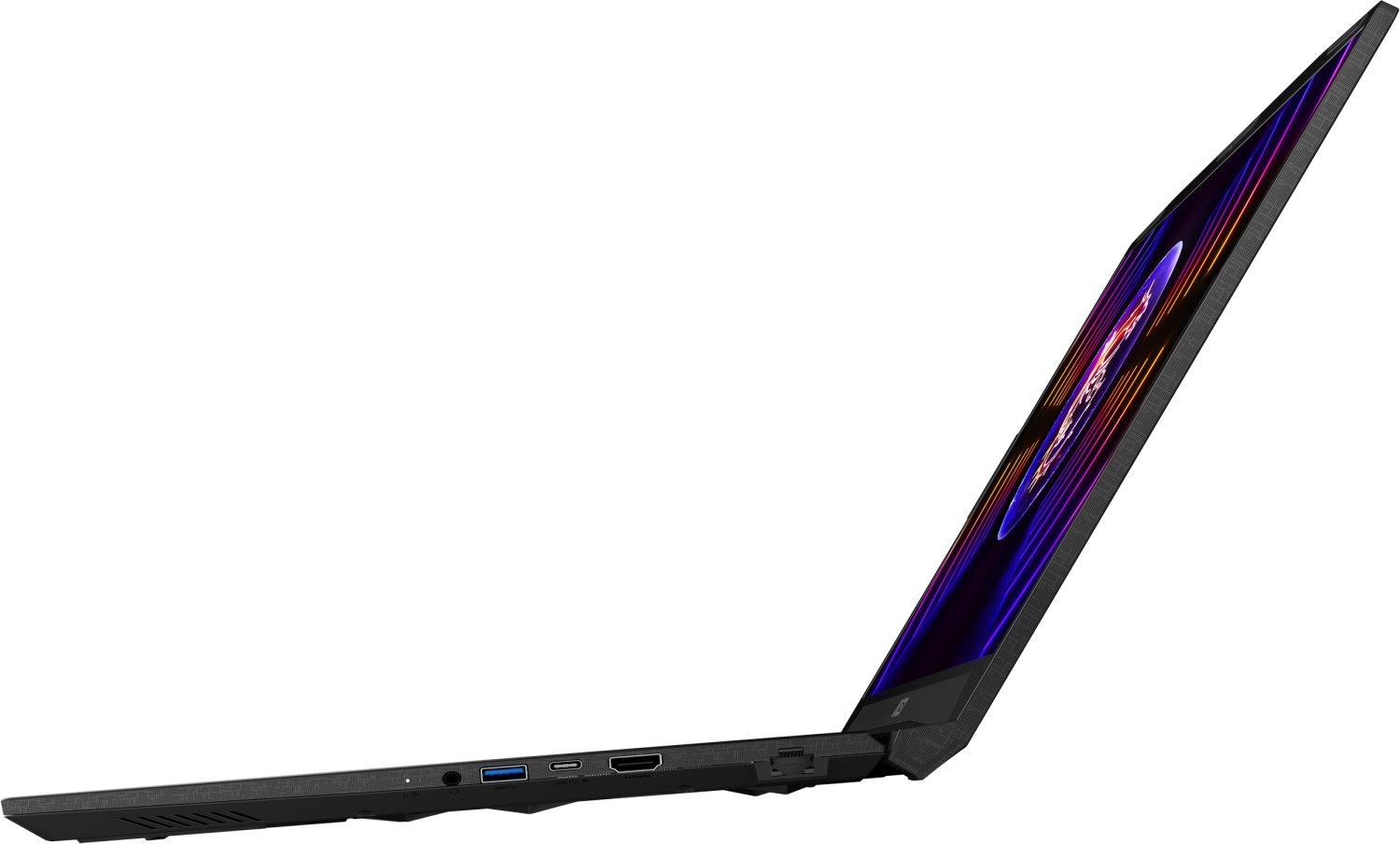 Schwarzer Laptop, Seitenansicht, mit geöffnetem Bildschirm.