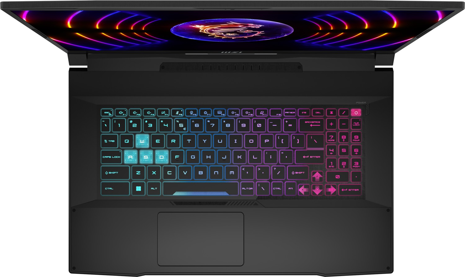 Draufsicht auf einen schwarzen Laptop mit farbenfroher Tastatur und Logo auf dem Bildschirm.