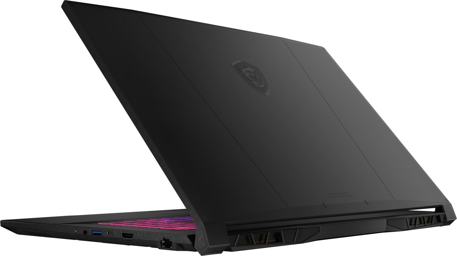 Schwarzer Laptop. Die Rückseite ist abgewinkelt und zeigt das Logo und die Anschlüsse.