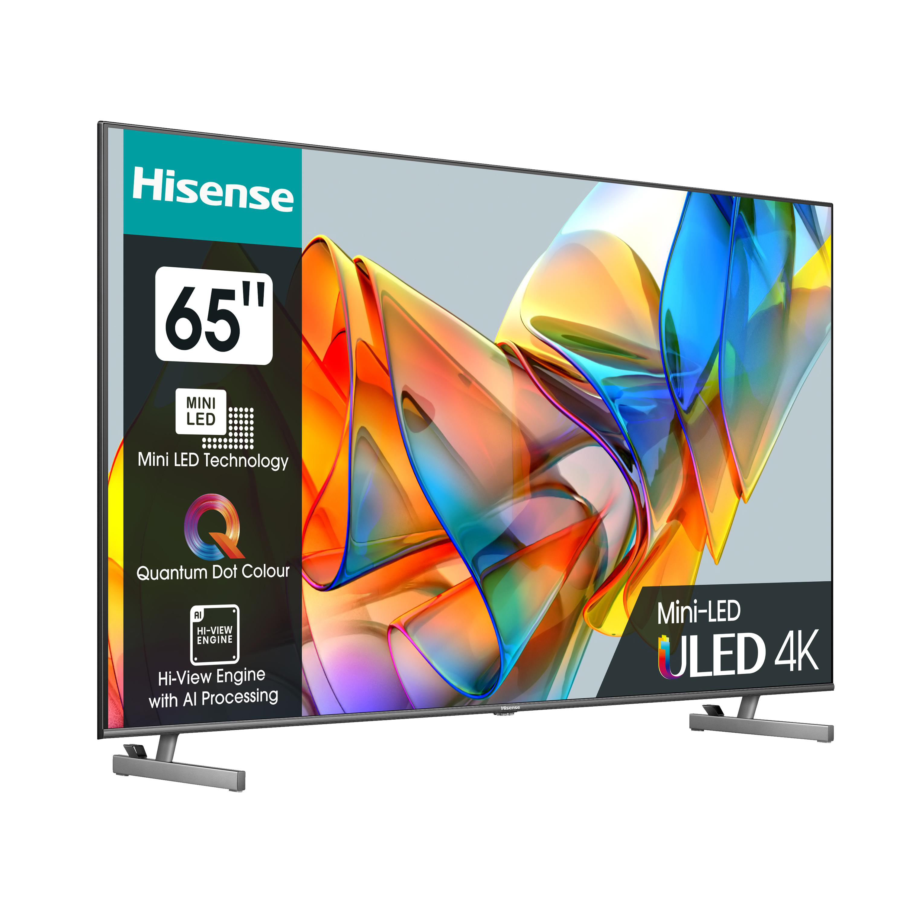 Ein 65-Zoll-Hisense-Fernseher mit Mini-LED-Technologie und futuristischem Design.