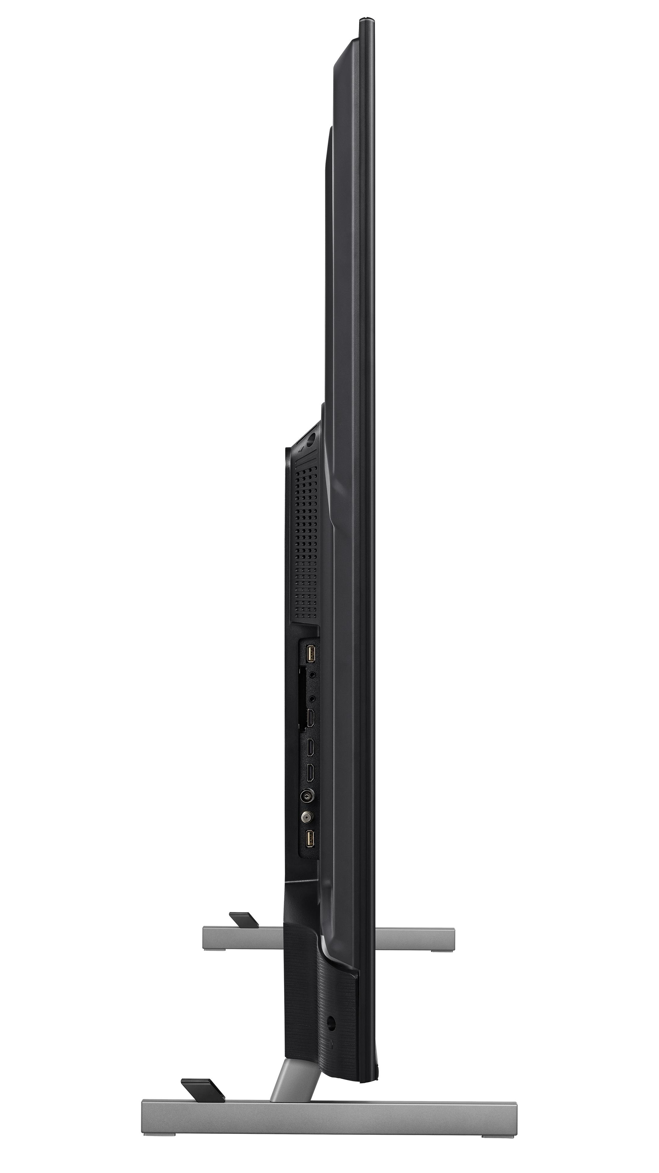 Seitenansicht eines schwarzen Fernsehers mit silbernem Ständer.