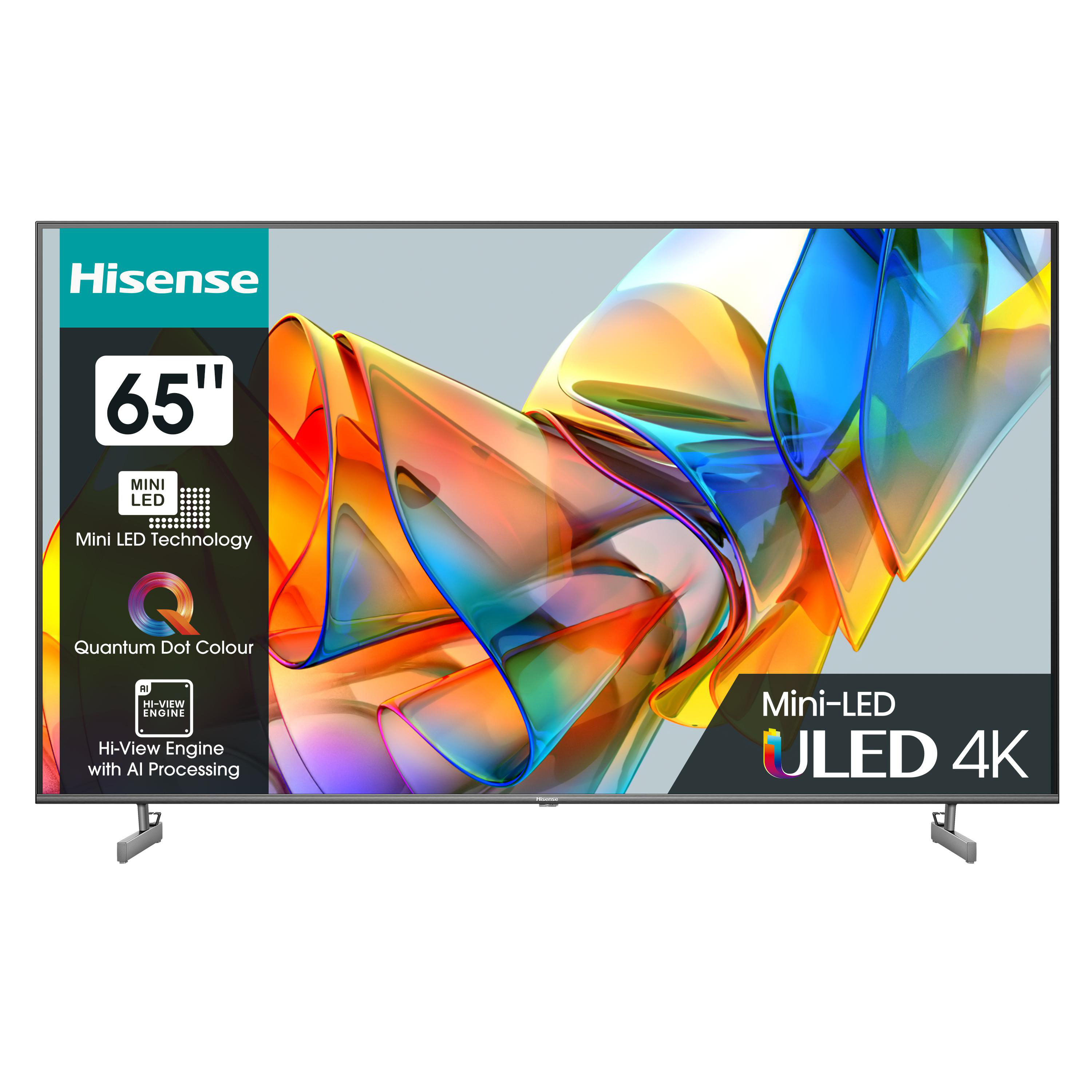 65-Zoll Hisense-Fernseher mit farbenfrohem abstraktem Design, schwarzer Rahmen.
