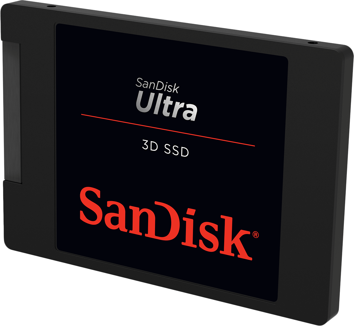 Fekete SanDisk Ultra 3D SSD piros-fehér márkajelzéssel az elején.