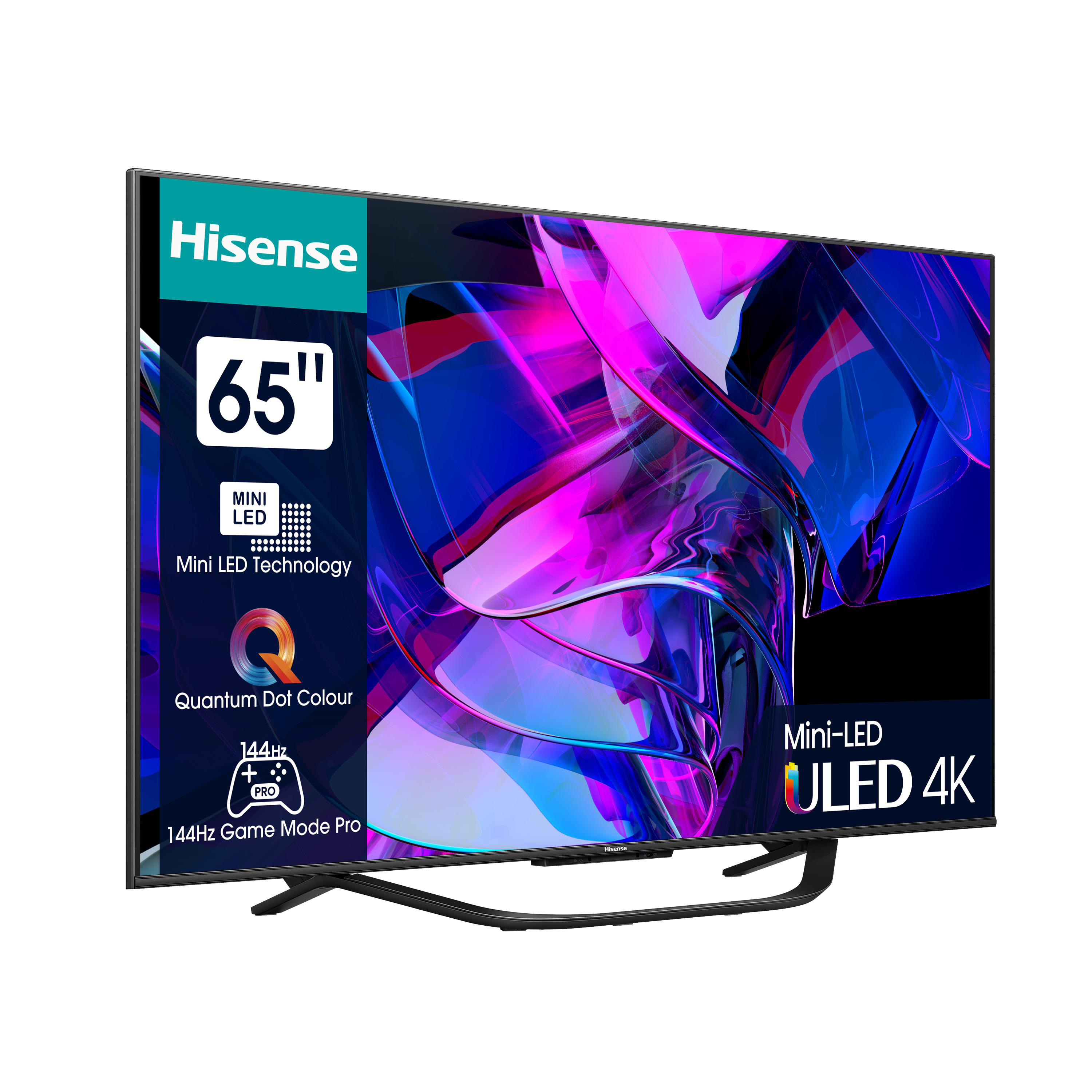 Großer schwarzer Fernseher mit einem 65"-Label auf dem Bildschirm. Der Fernseher steht auf einem Ständer, der Hintergrund ist weiß.