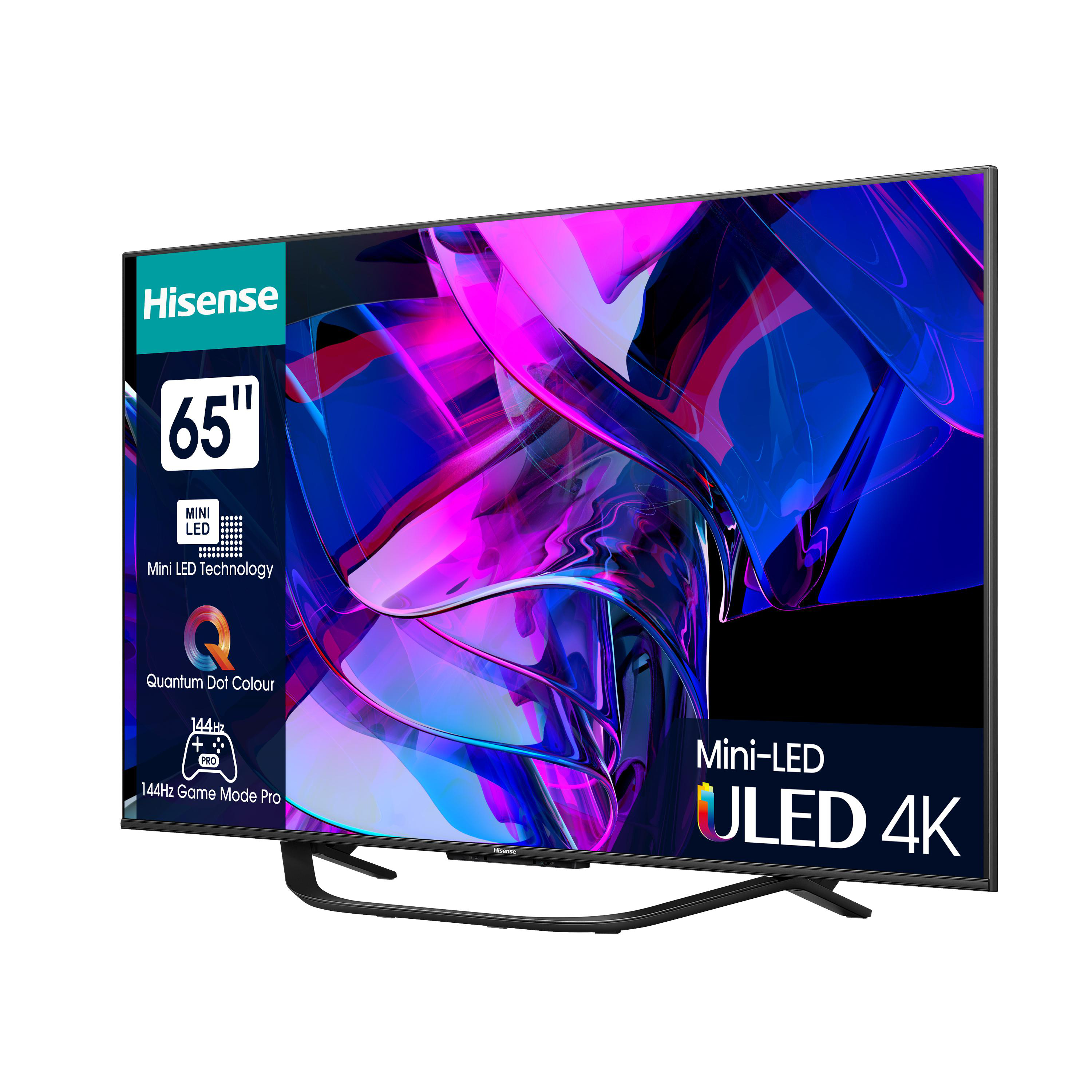65-Zoll Hisense Mini-LED ULED 4K TV, schwarzer Rahmen, farbenfrohe Anzeige.