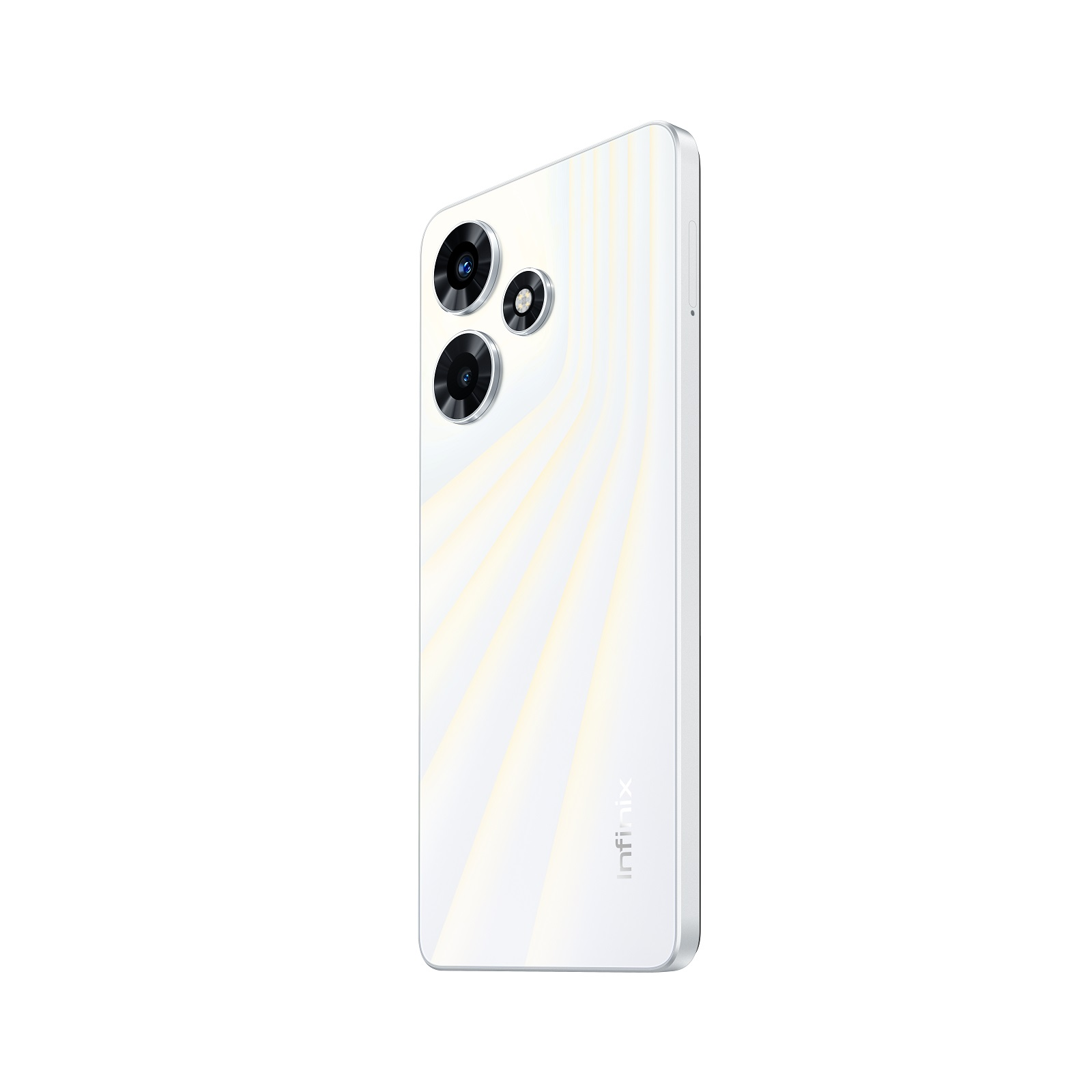 Akıllı telefon, arka görünüm. Telefon desenli beyazdır. Kamera lensleri ve marka adını içerir.