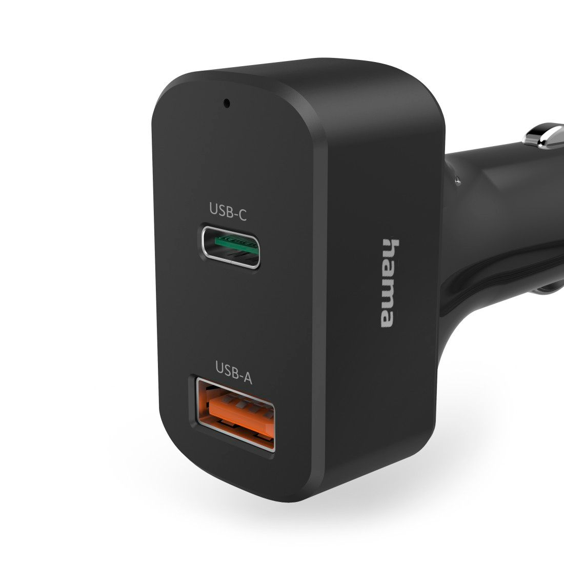Fekete Hama autós töltő USB-C és USB-A portokkal.