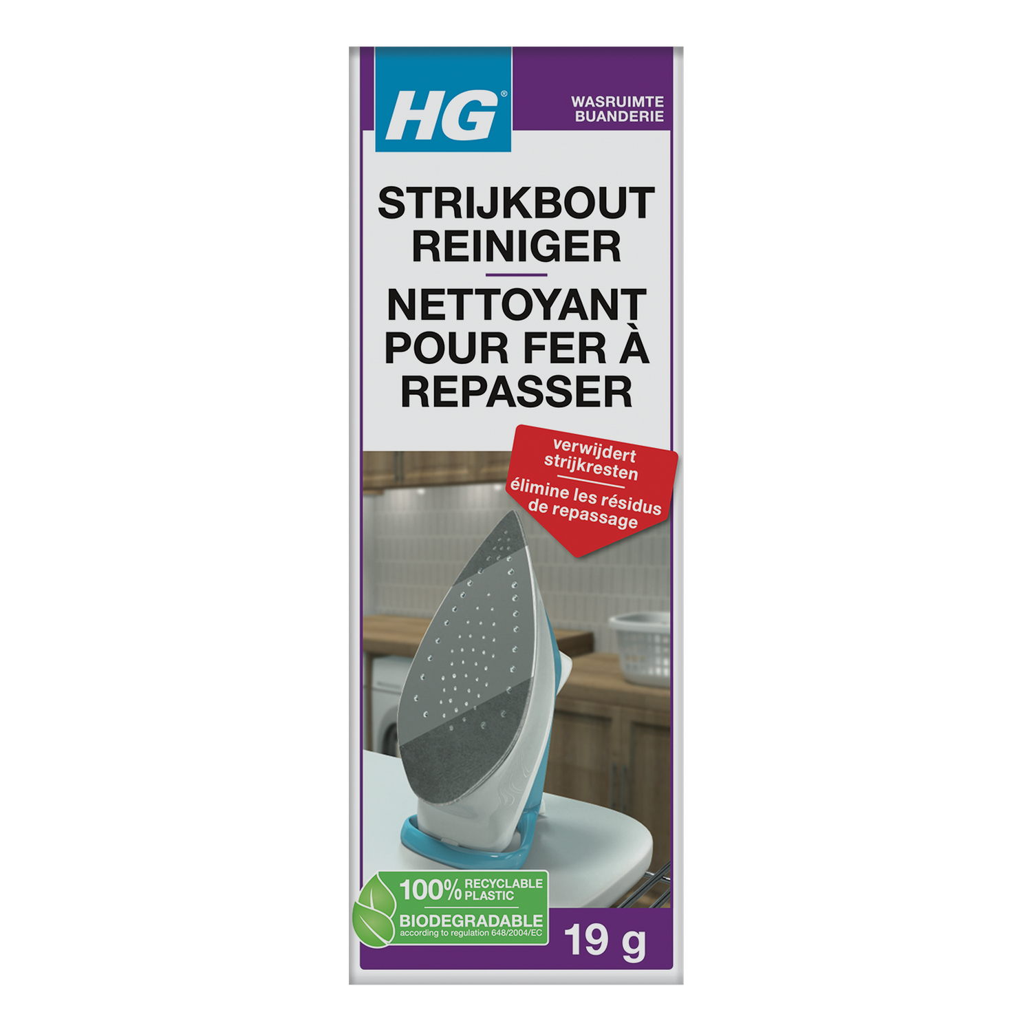 Cleaning product label for an iron, with an iron image, and text in multiple languages.