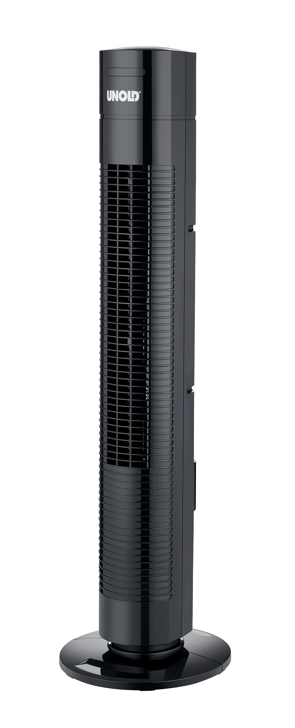 Ein hoher schwarzer UNOLD-Turmventilator auf weißem Hintergrund. Er hat einen runden Sockel.