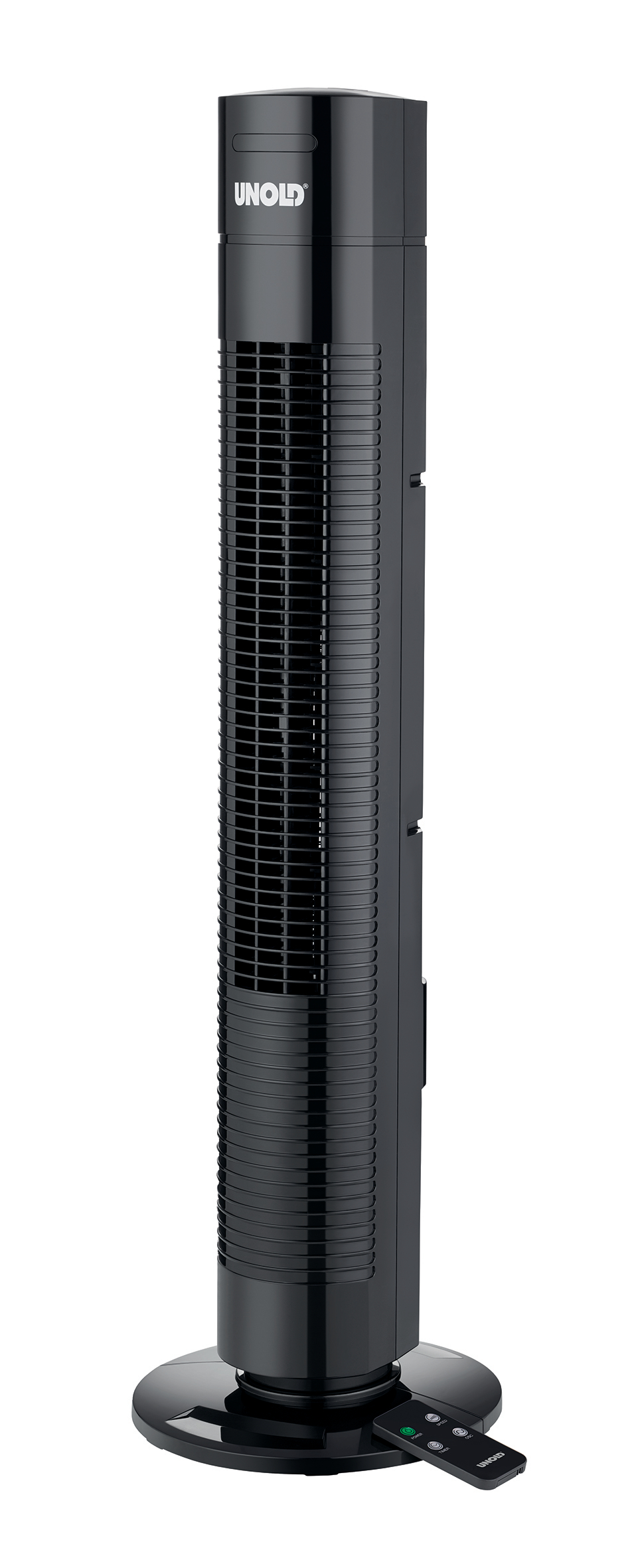 Schwarzer Unold Turmventilator mit der Fernbedienung vor weißem Hintergrund.