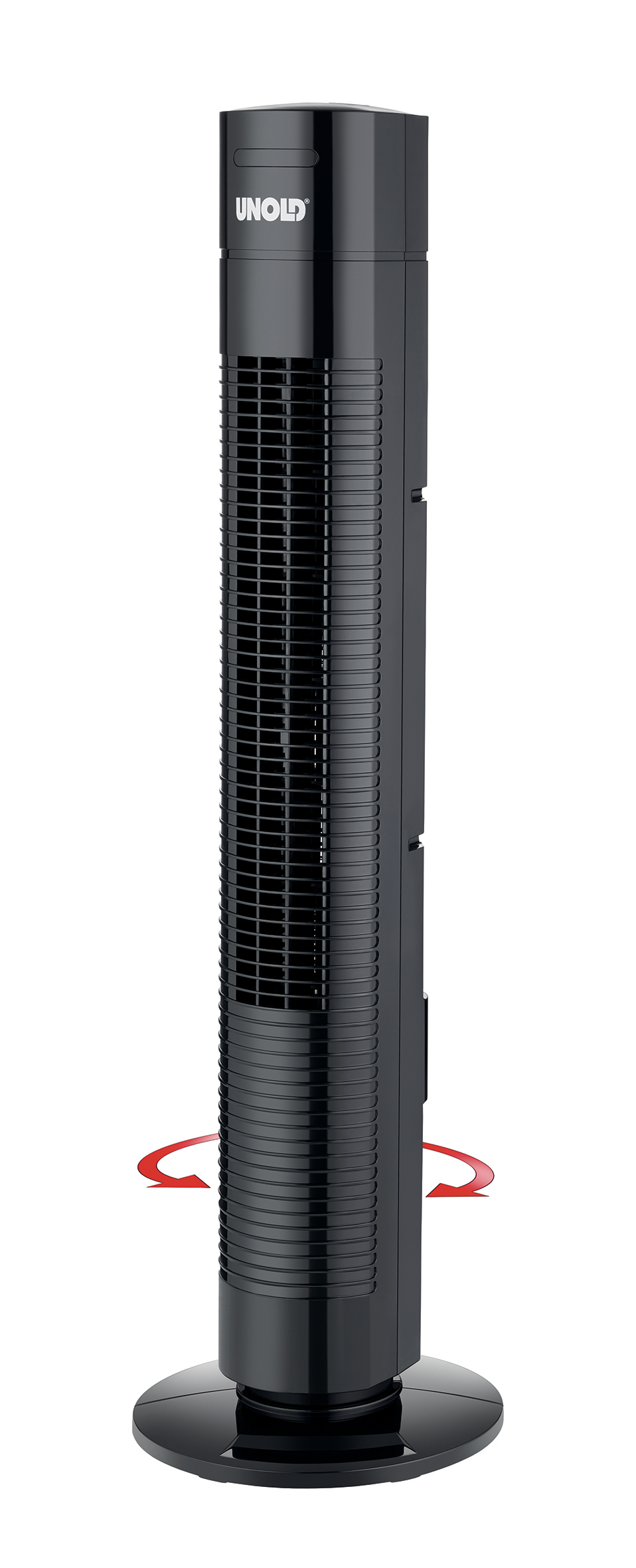 Schwarzer Unold Turmventilator mit roten Pfeilen.