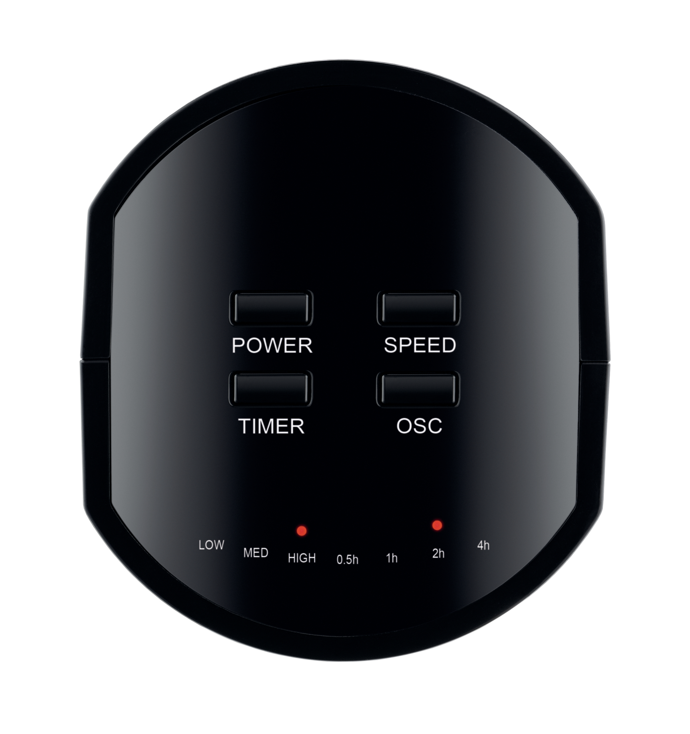 Schwarzes Lüfterbedienfeld. Tasten für Leistung, Geschwindigkeit, Timer und Oszillation, mit LED-Anzeigen.