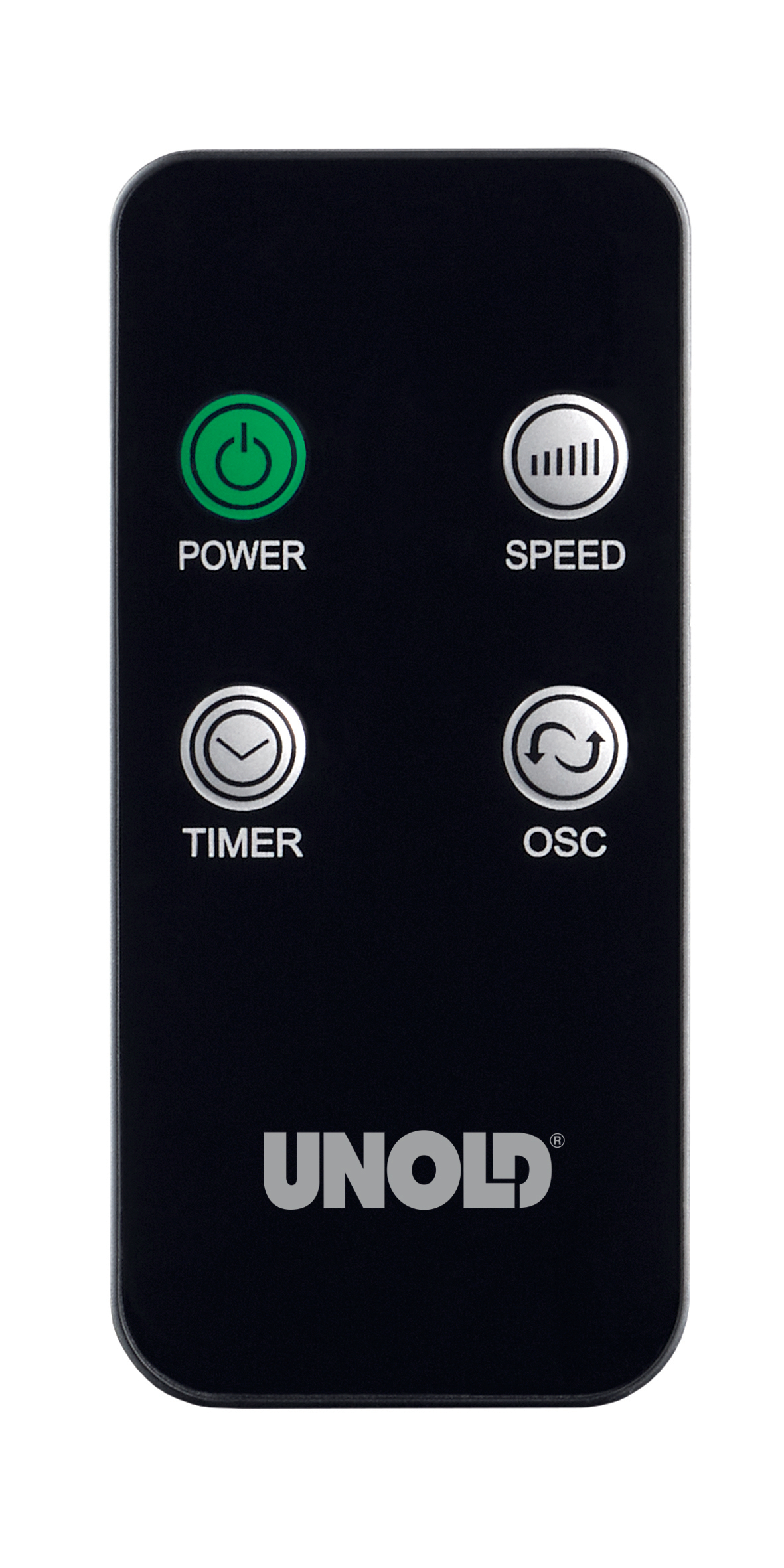 Eine schwarze Fernbedienung hat vier weiße Knöpfe mit der Aufschrift Power, Speed, Timer, Osc.