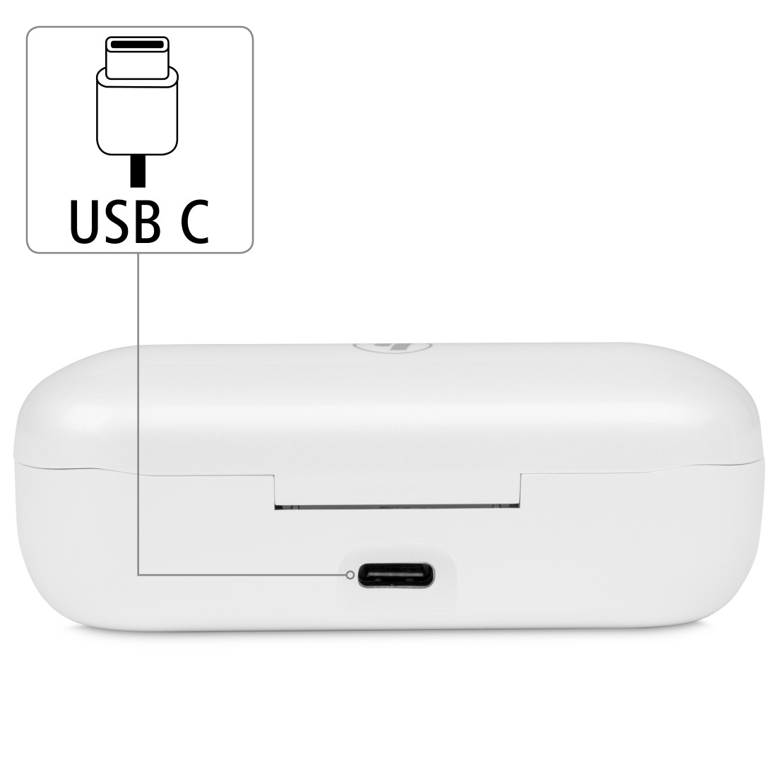 Fehér töltőtok USB-C porttal és USB-C kábel szimbólummal.