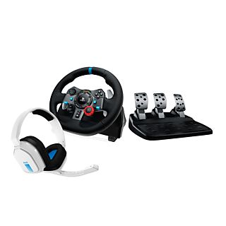 Volante - G29 + Auriculares gaming ASTRO A10, PlayStation 5 y 4/PC, Micrófono volteable, Control de volumen, Force Feedback, Negro y Blanco
