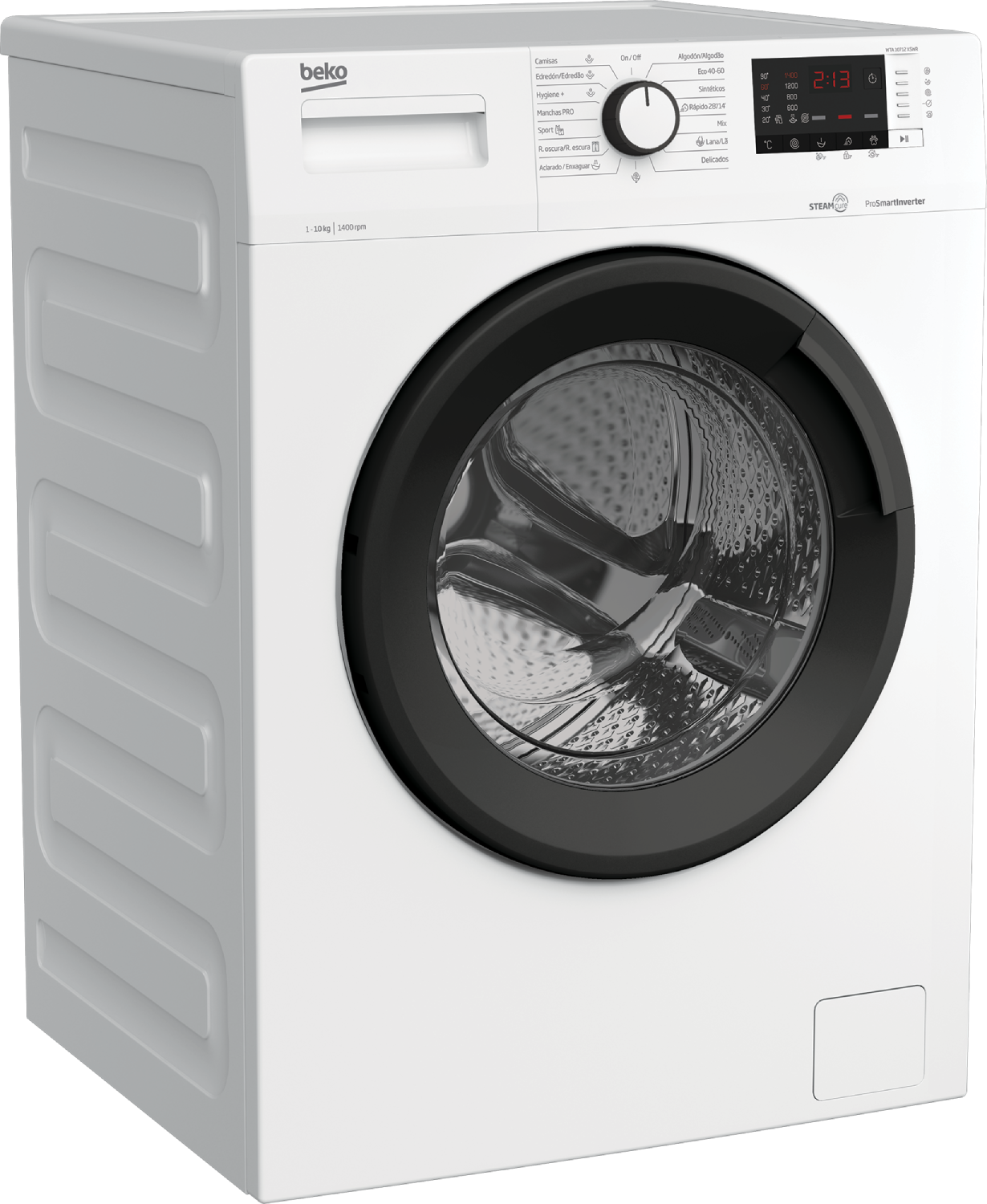Lavadora Beko blanca con puerta negra. El panel de control es visible.