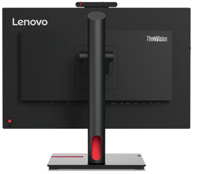 Rückseite eines schwarzen Lenovo ThinkVision Monitors. Der Ständer ist eine schwarze Säule.