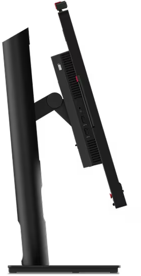 Seitenansicht eines schwarzen Computermonitors mit roten Akzenten und einem Ständer.
