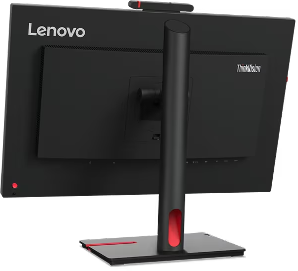 Die Rückseite eines schwarzen Lenovo Monitors. Der Ständer hat einen roten Streifen.