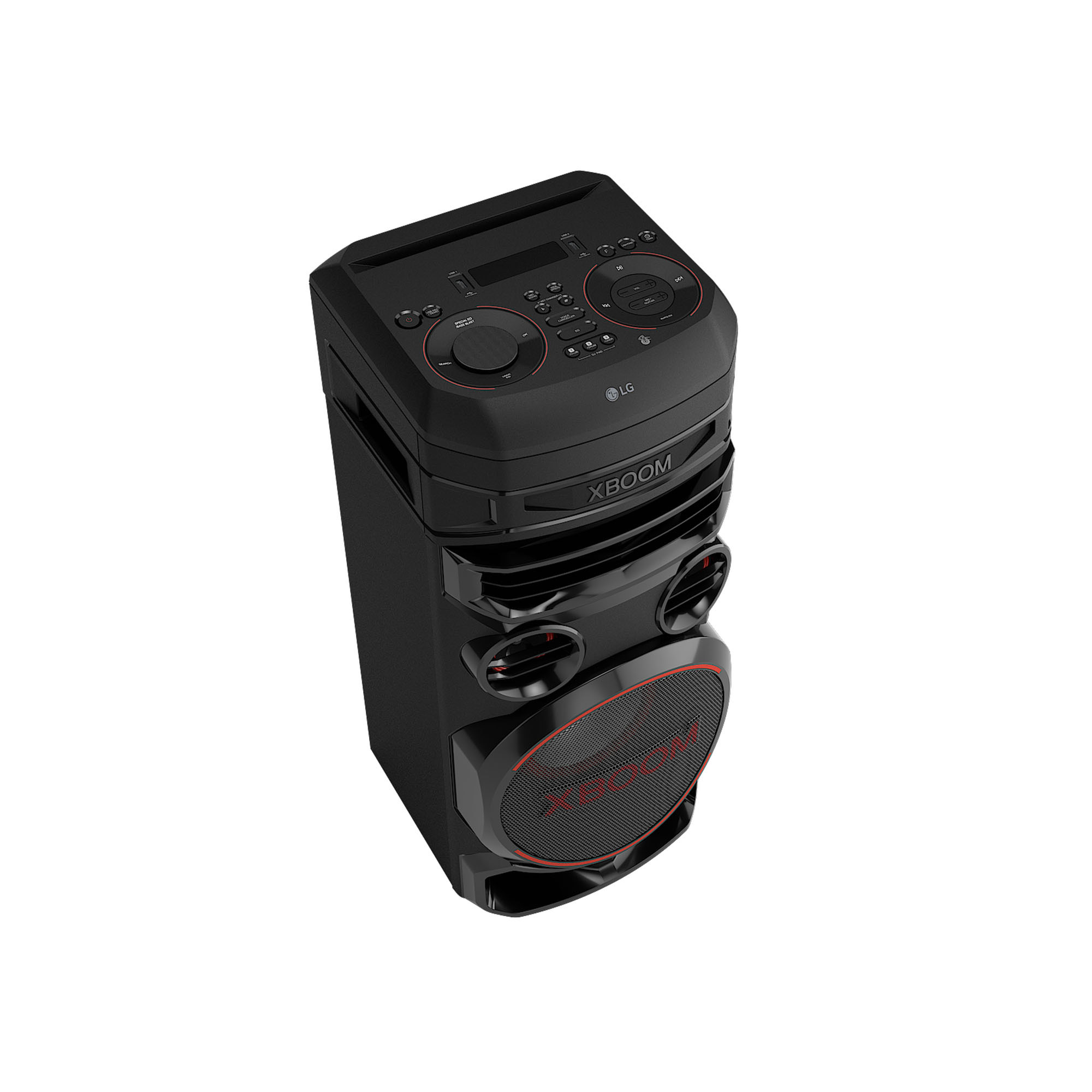 Altavoz LG XBoom negro con detalles rojos, vista en ángulo.