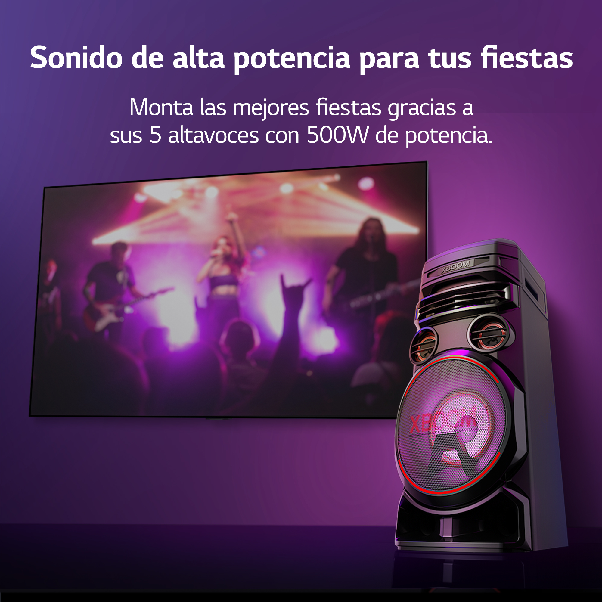 Un altavoz negro con luces moradas. Un televisor muestra una banda en un escenario.