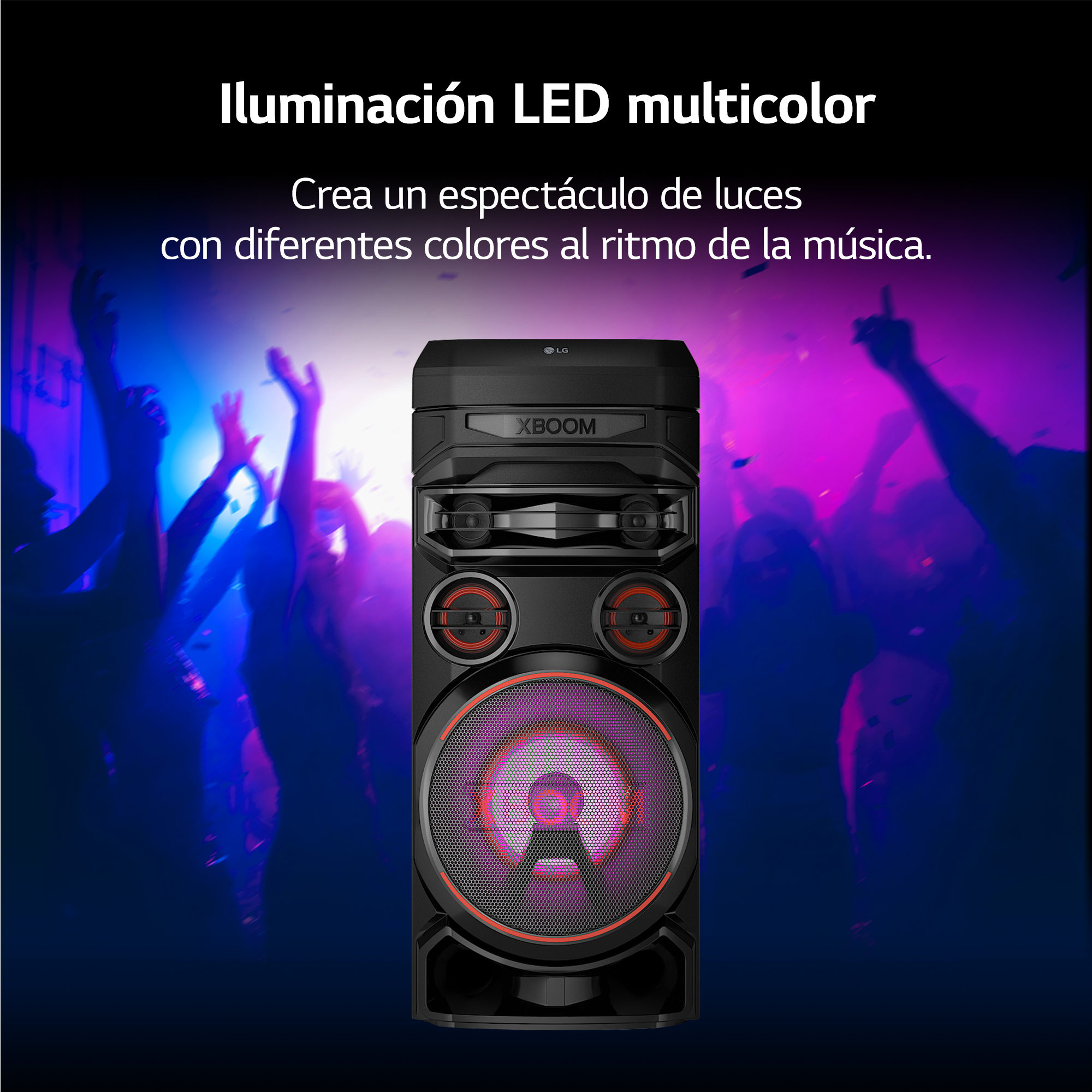 Altavoz negro con luces LED. Siluetas de personas al fondo. Texto sobre iluminación LED multicolor.