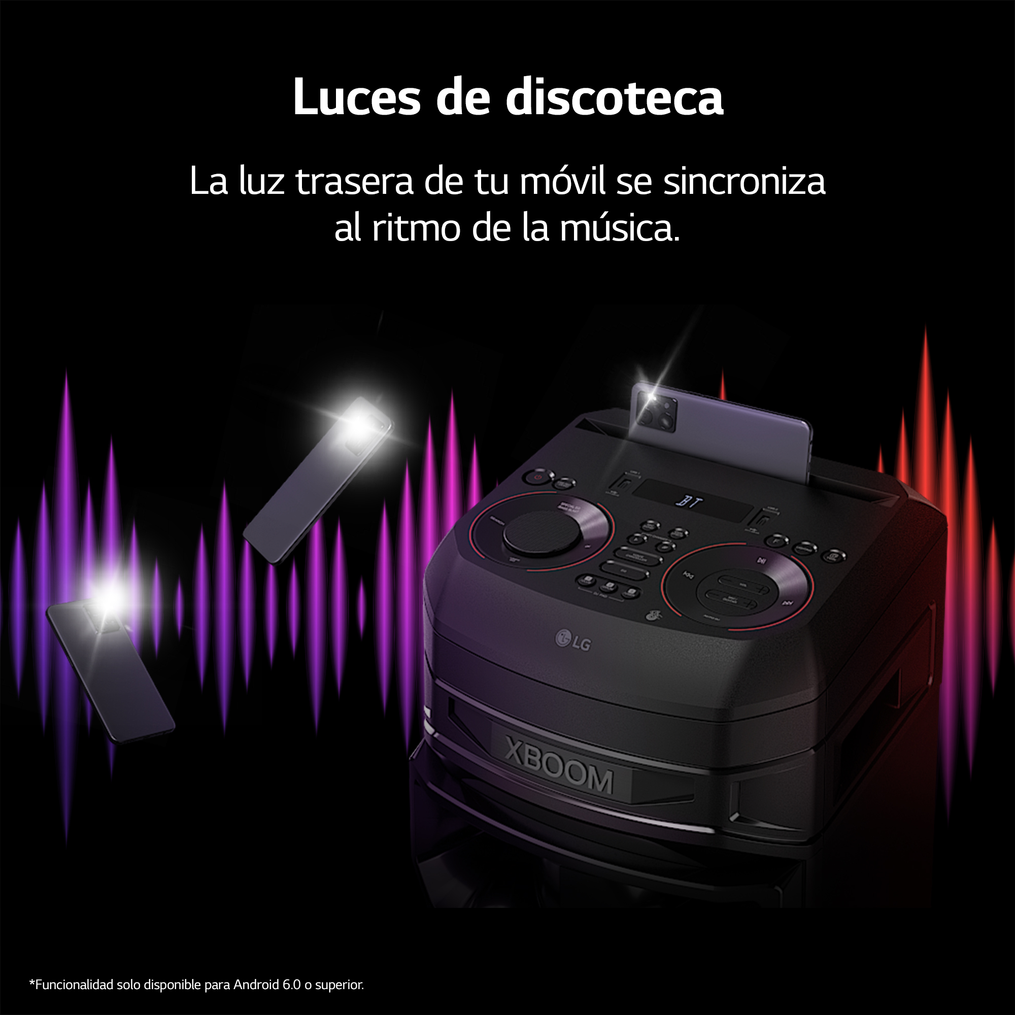 Un equipo de altavoces negro con un teléfono encima, con luces intermitentes.
