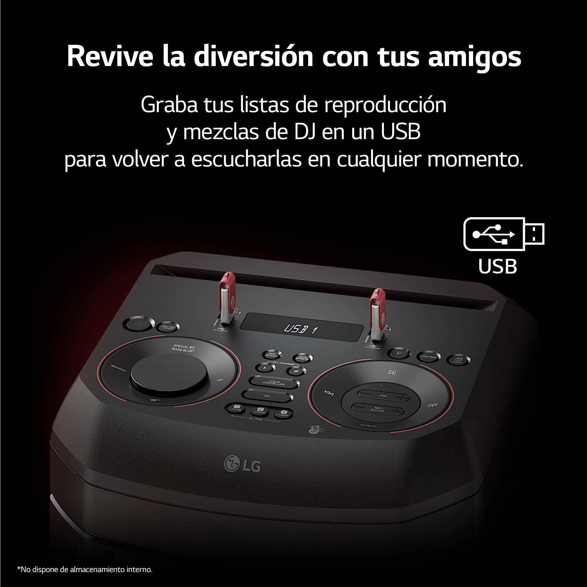 Reproductor de audio negro con puertos USB y botones, detalles rojos. Fondo oscuro.